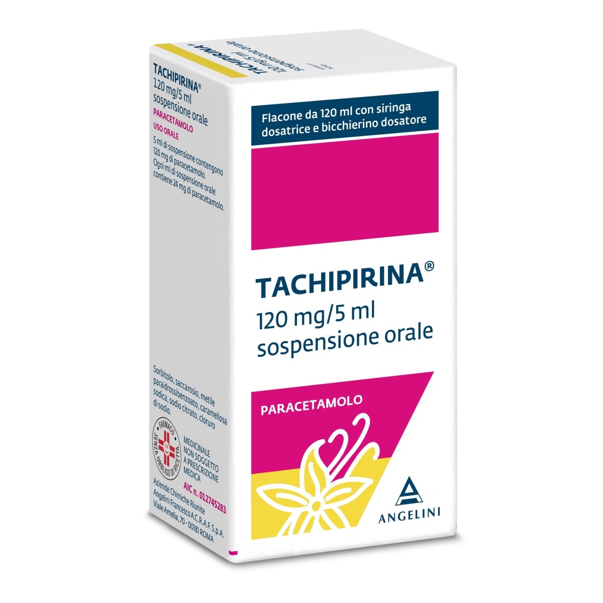 Tachipirina 120 mg/5 ml 120 ml sospensione orale gusto vaniglia-carammello con adattatore, siringa e bicchierino