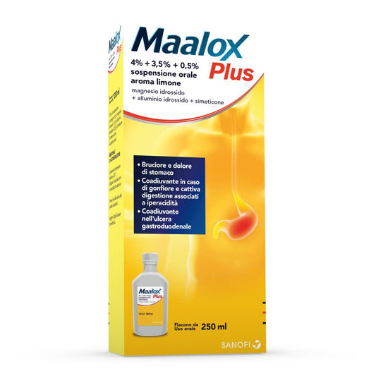Maalox Plus 4 % + 3, 5 % + 0, 5 % 250 ml sospensione orale limone e menta