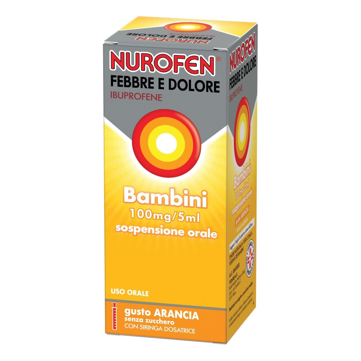 Nurofen febbre e dolore bambini 100 mg/5 ml 150 ml sospensione senza zucchero gusto arancia con siringa