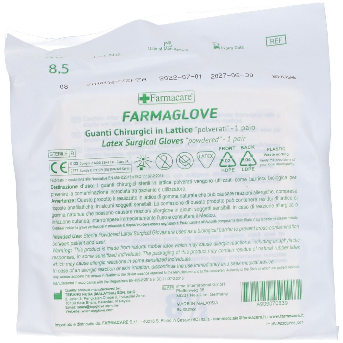 Sterile latex surgical glove size 8.5
