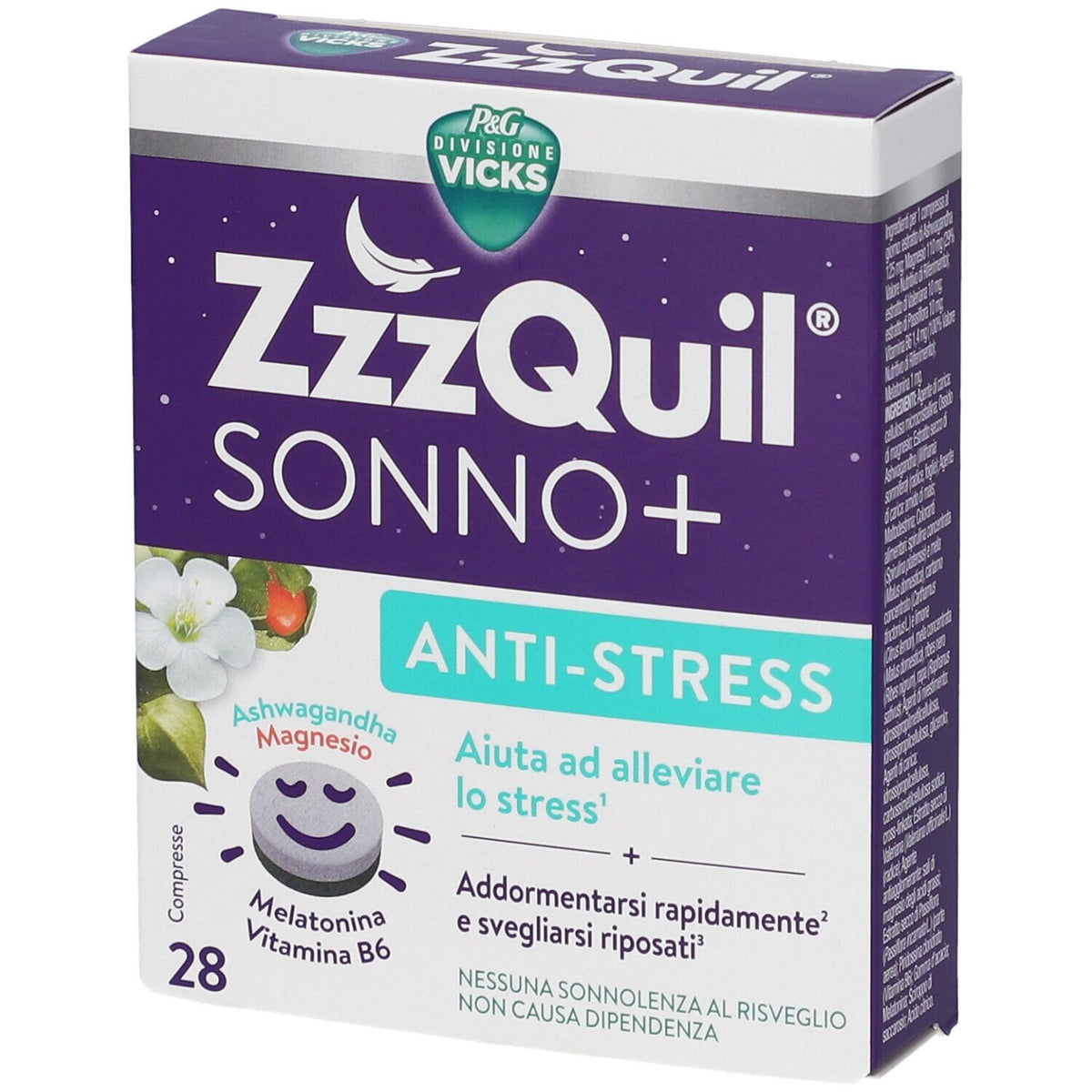 ZzzQuil Sonno+ Anti-Stress Integratore Melatonina Magnesio e Ashwagandha 28 Compresse