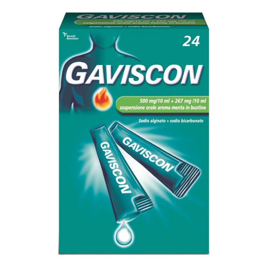 Gaviscon 500 mg/10 ml + 267 mg/10 ml Suspension zum Einnehmen, Minzgeschmack, 24 Beutel à 10 ml